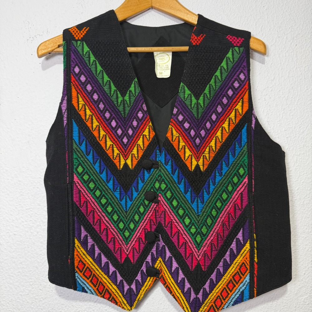Vintage Rainbow Vest Tapestry Chevron Embroidered Cotton  Black M Western Boho